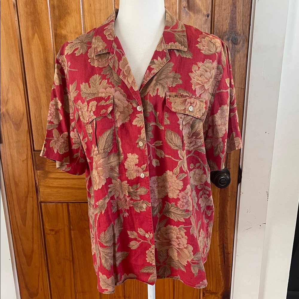 Lauren Ralph Lauren Linen Red Floral Button down Camp Shirt Large Vintage